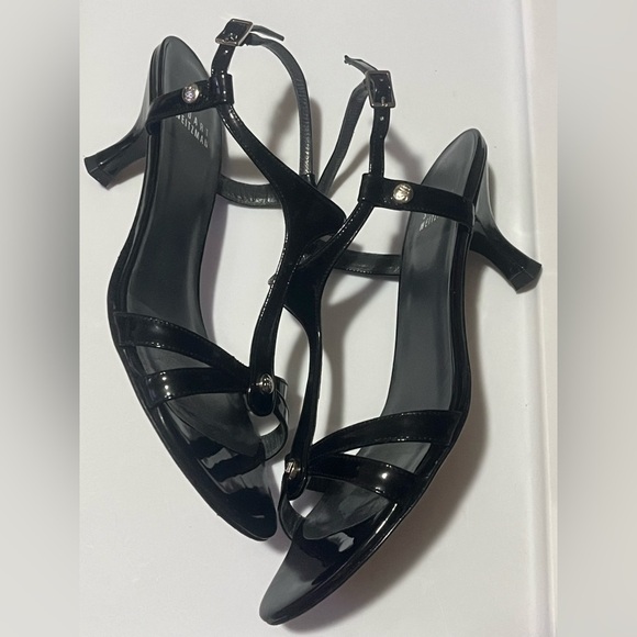 Stuart Weitzman Black Strappy Patent Leather Sandals Heels, Sz 7M - Picture 4 of 12